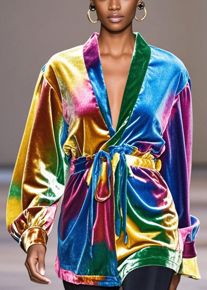 Gradient Color Cinched Silk Velour Blouse Tops Fall