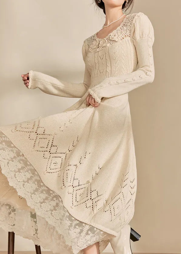 Art Apricot O-neck Patchwork Hollow Out Cotton Knit Maxi Dress Fall
