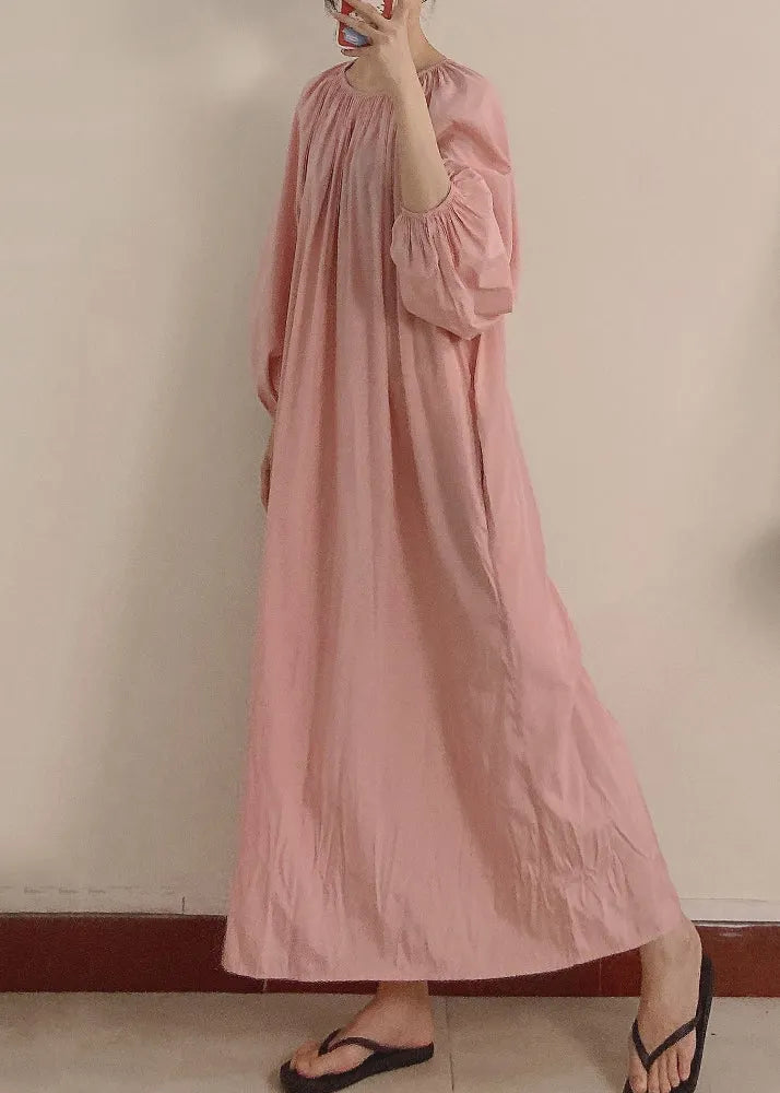 Pink Wrinkled Pockets Maxi Dress Long Sleeve