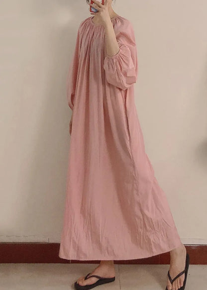 Pink Wrinkled Pockets Maxi Dress Long Sleeve