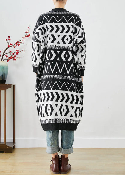 Black Oversized Print Knit Long Cardigans Fall