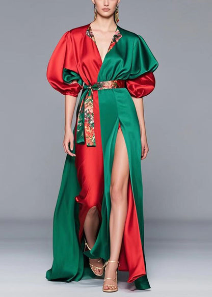 Colorblock Cinched Patchwork Side Open Silk Full Dress Summer