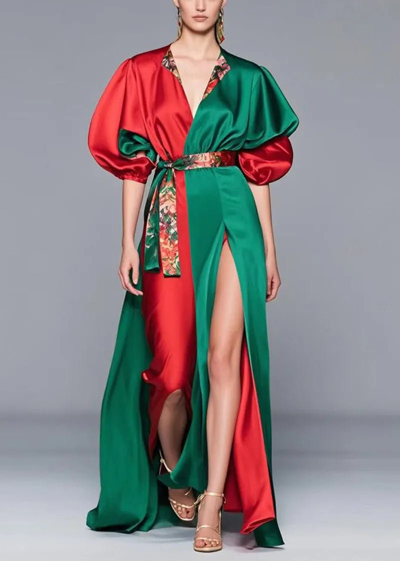 Colorblock Cinched Patchwork Side Open Silk Full Dress Summer