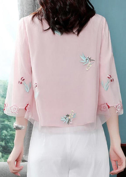 Pink Stand Collar Embroideried Patchwork Chiffon Tops Summer