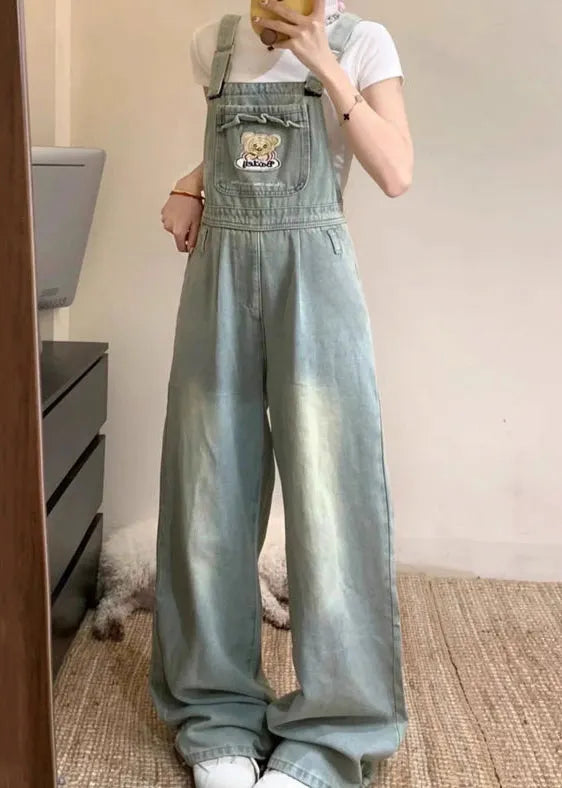 New Blue Embroidered Pockets Denim Jumpsuit Sleeveless