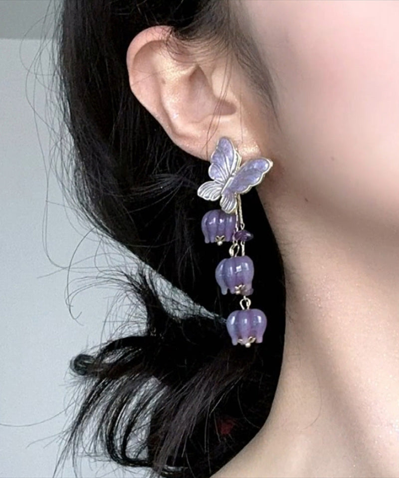 Purple Alloy Ringflower Butterfly Tassel Drop Earrings