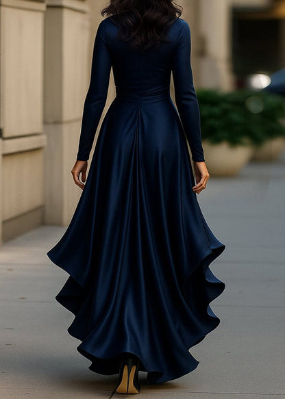 French Navy Asymmetrical Ruffled Patchwork Silk Dresses Fall