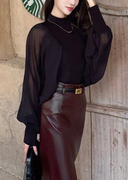 Black Zippered Chiffon Patchwork Shirt Wrinkled Batwing Sleeve
