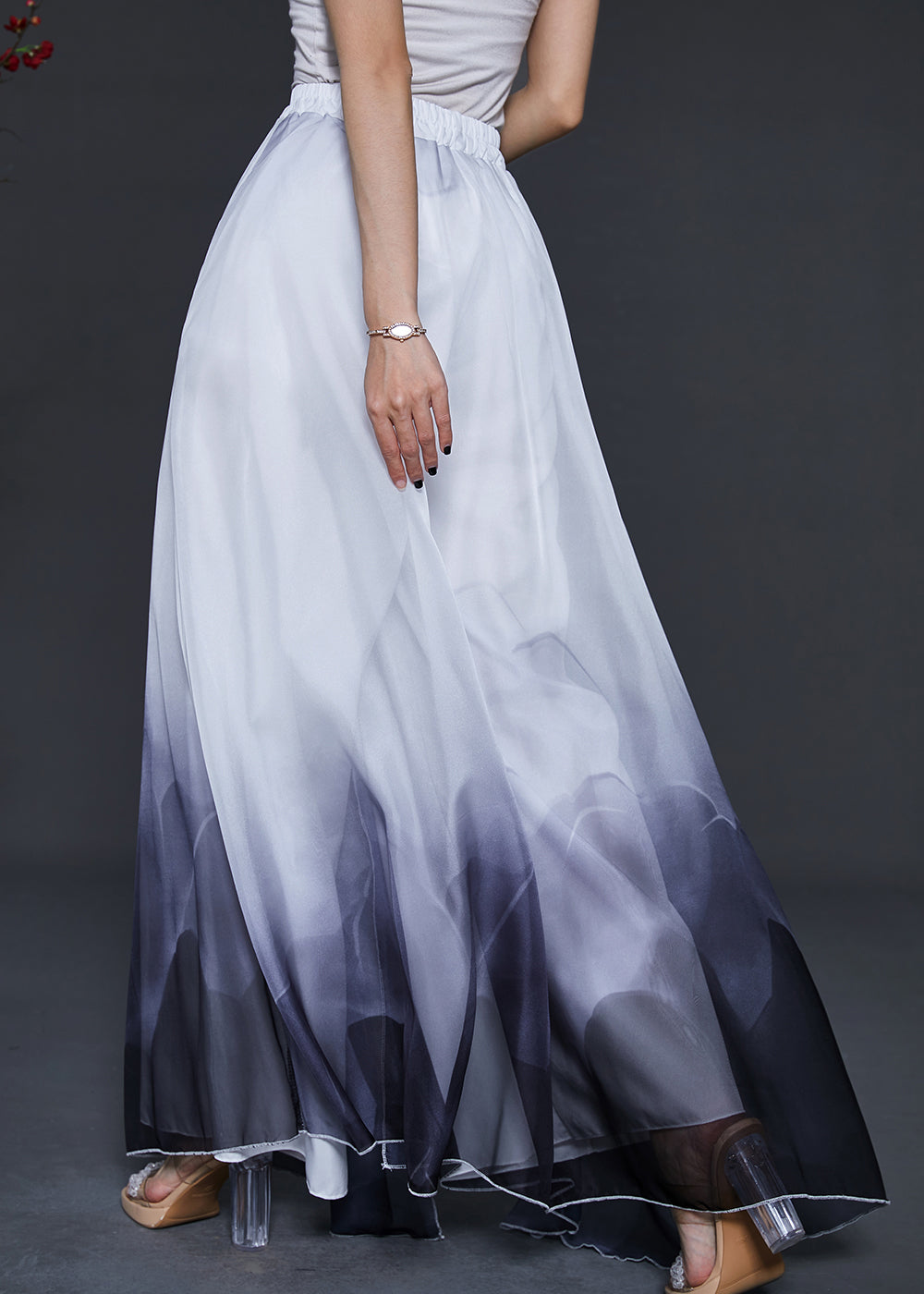 Gradient Color Ink and Wash Print Layered Chiffon Pants Skirts Summer