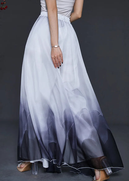 Gradient Color Ink and Wash Print Layered Chiffon Pants Skirts Summer