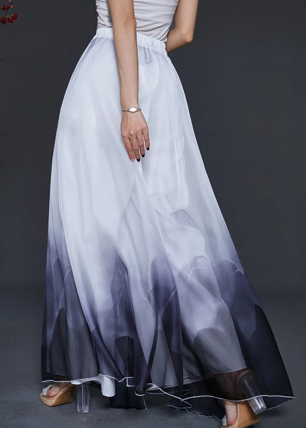 Gradient Color Ink and Wash Print Layered Chiffon Pants Skirts Summer