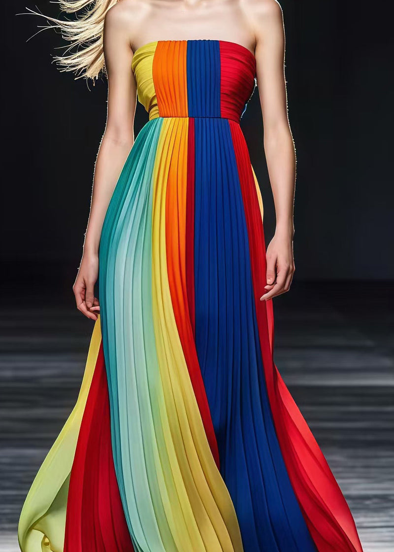 Colorblock Bustier Top Silm Fit Chiffon Strapless Pleated Dresses Summer