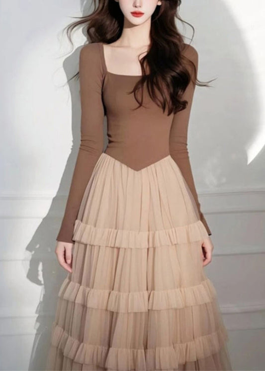 Coffee Square Collar Tulle Patchwork Long Cake Dress Spring