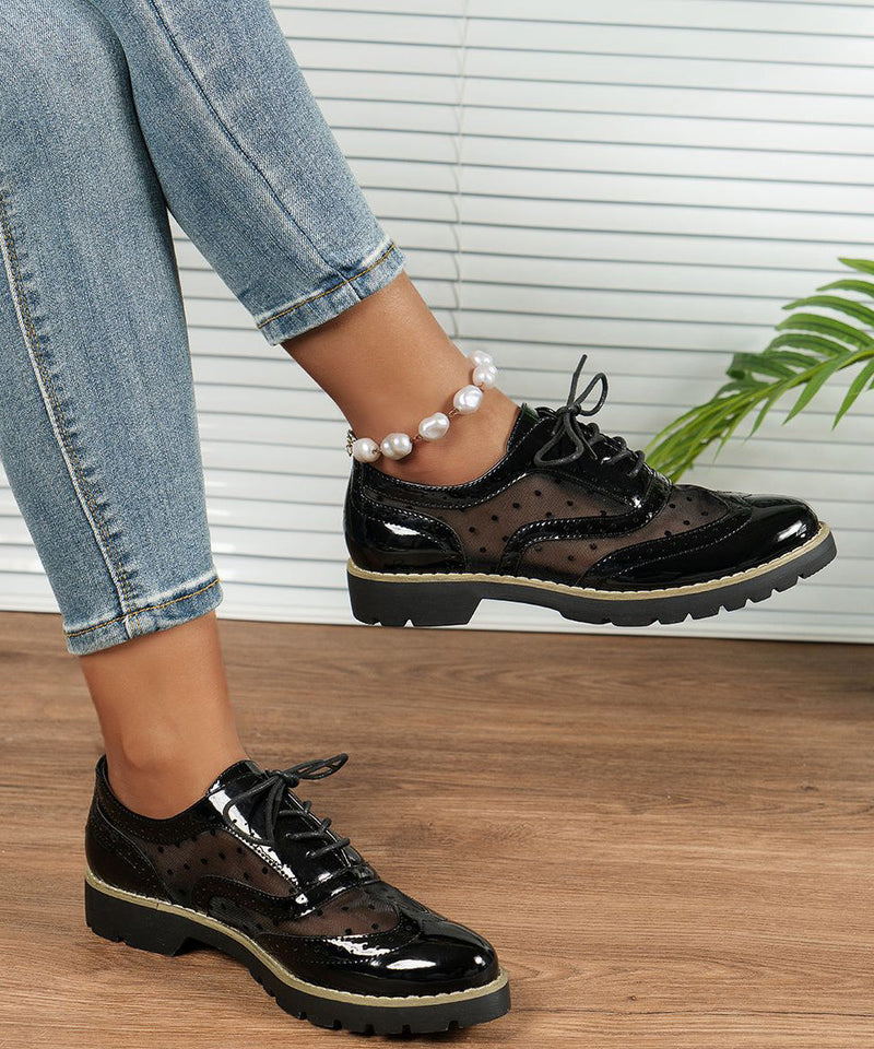Black Flat Feet Shoes Faux Leather Splicing