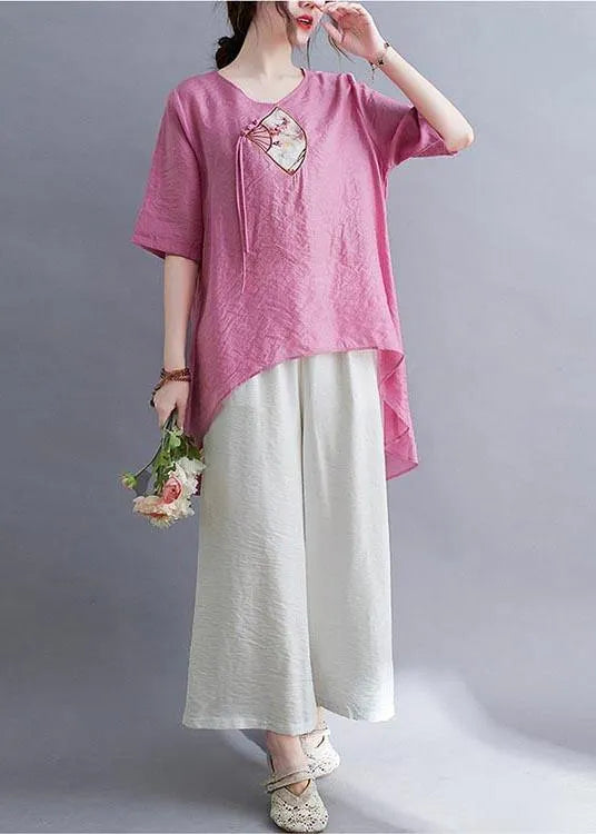 Modern Rose Low High Design Cotton Linen T Shirt Summer
