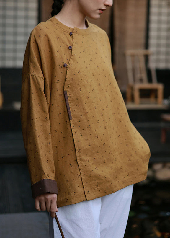 Retro Yellow O-neck Print Loose Linen Shirts Spring