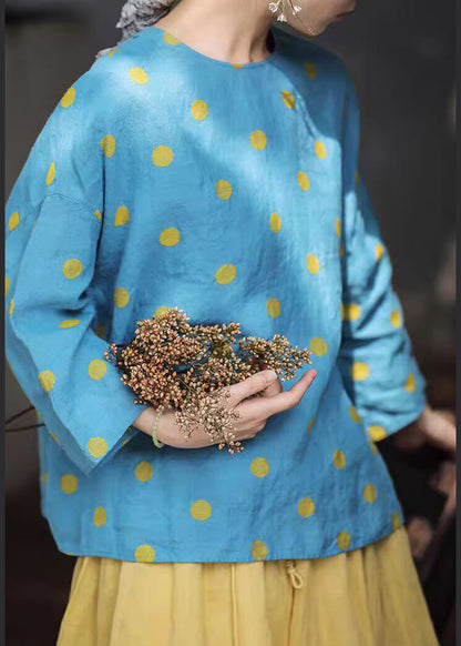 Blue O Neck Button Dot Linen Shirt Fall