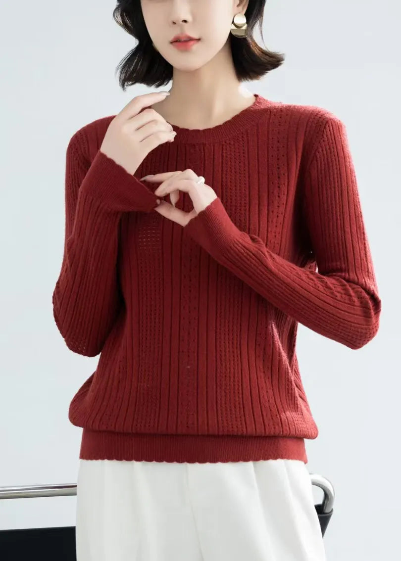 Simple Beige O Neck Hollow Out Knit Sweater Fall