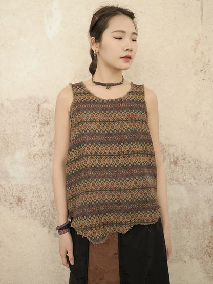 Retro Worn Irregular Hem Geometric Vest