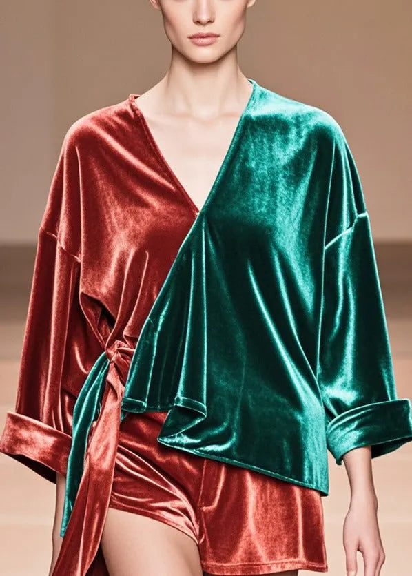 Colorblock Asymmetrical Patchwork Silk Velour Tops Fall