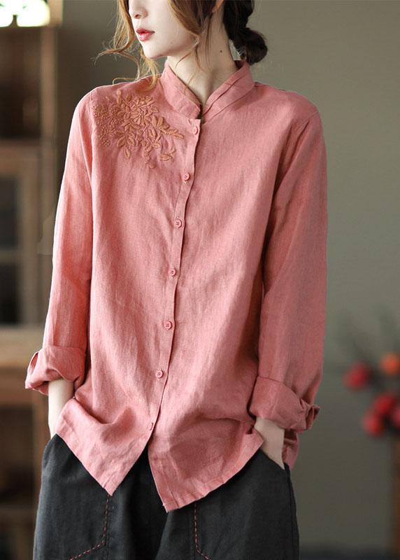 Pink Button Embroidered Fall Linen Tops Long Sleeve
