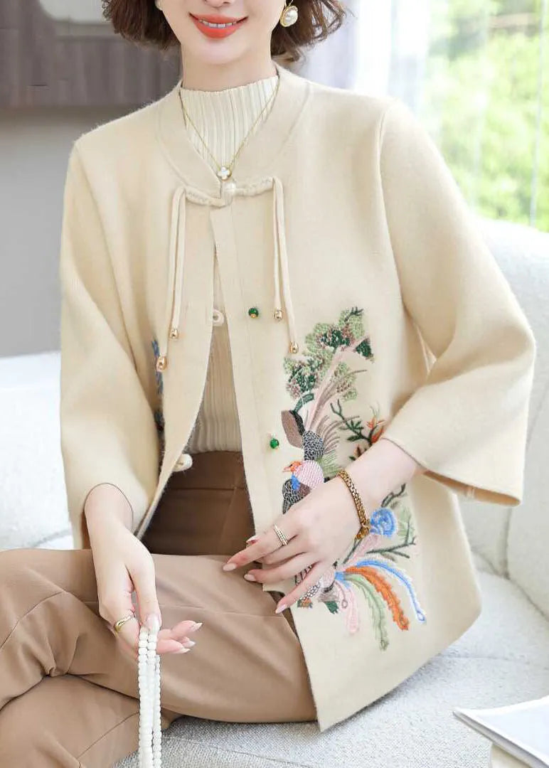 Stylish Beige O-neck Patchwork Wool Knit Cardigans Spring