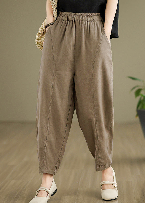 Camel Pockets Elastic Waist Cotton Pants Fall