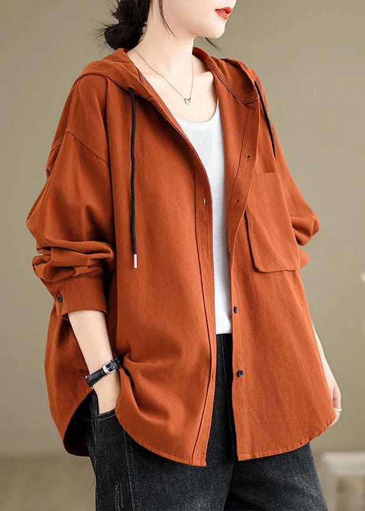 Brick Red Hooded Pockets Cotton Coat Fall