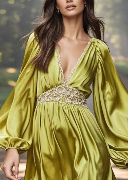 Stylish Green V Neck Patchwork Silk Mid Dress Spring