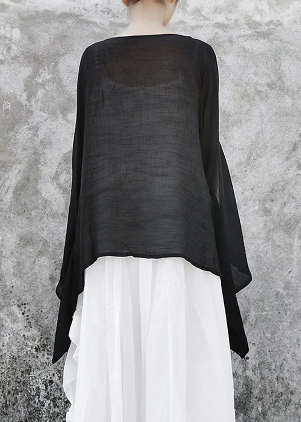 Black Baggy Linen Upf 50+ Tops Asymmetrical Batwing Sleeve