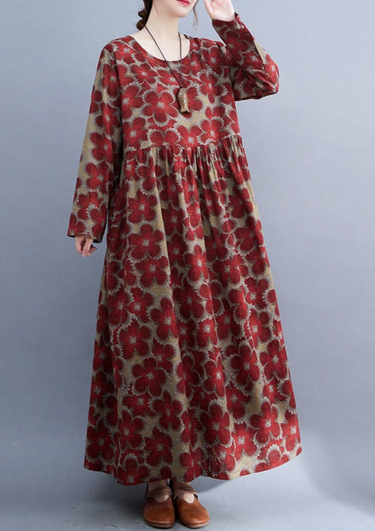Loose Cotton and Linen Print Dress Long Sleeve