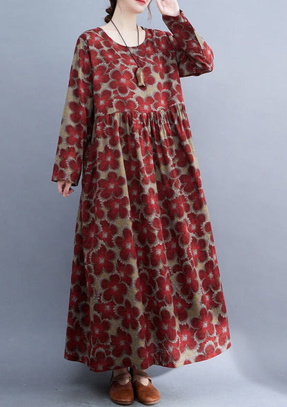 Loose Cotton and Linen Print Dress Long Sleeve