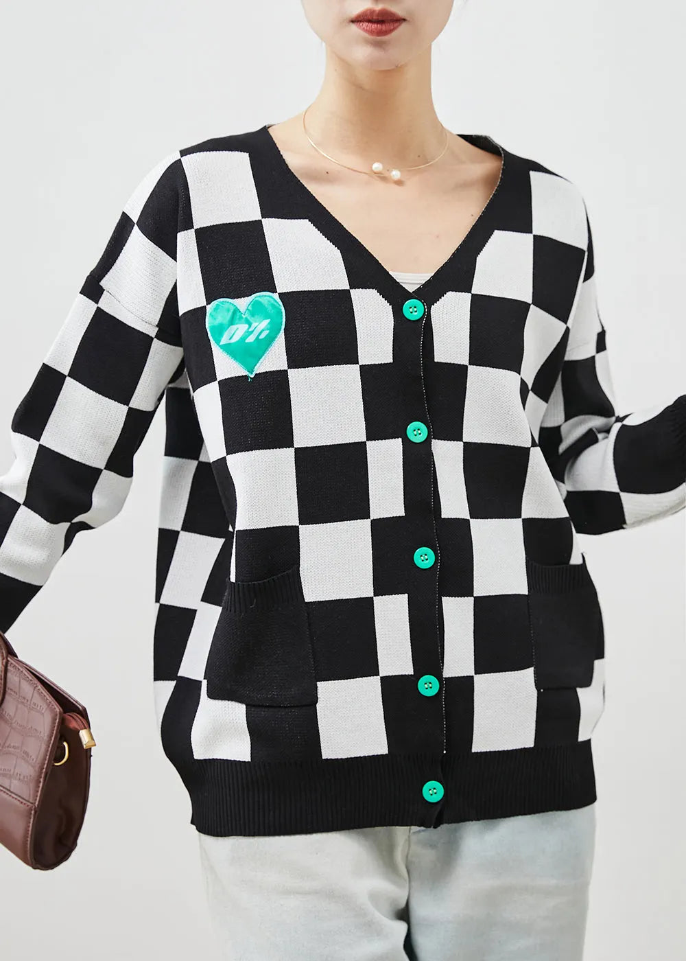 Black White Plaid Knit Cardigans Spring