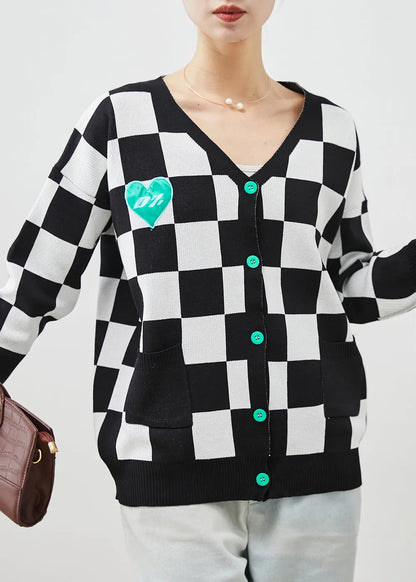 Black White Plaid Knit Cardigans Spring