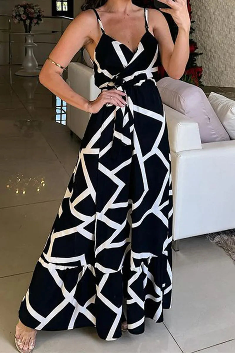 Geometric Print Bandage Slit V Neck Printed Dresses