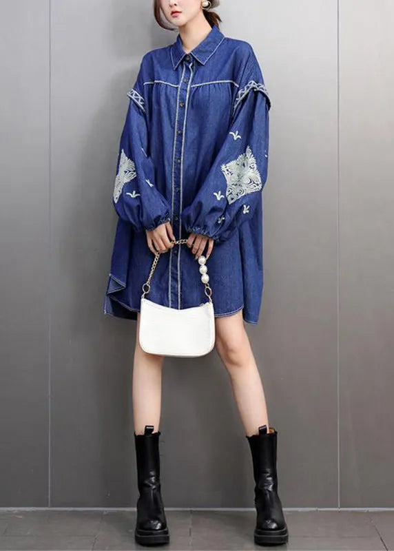 Blue Peter Pan Collar Embroidered Denin Long Shirts Lantern Sleeve