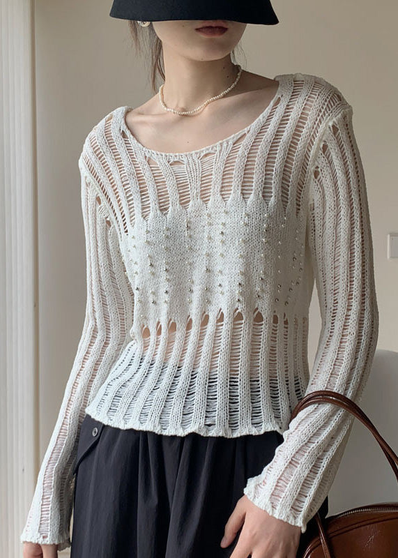 White Hollow Out Nail Bead Knit Sheer Tops Fall