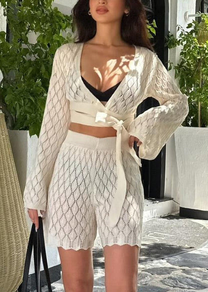 New Beige V Neck Cut Out Lace Up Knit Swimwears Cover Up Set
