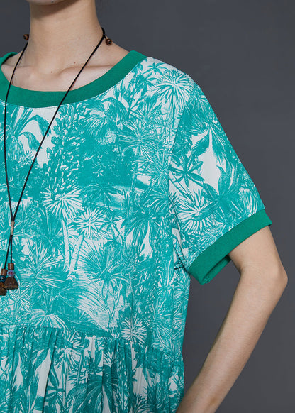 Green Print Exra Large Hem Silk Ankle Dress Summer