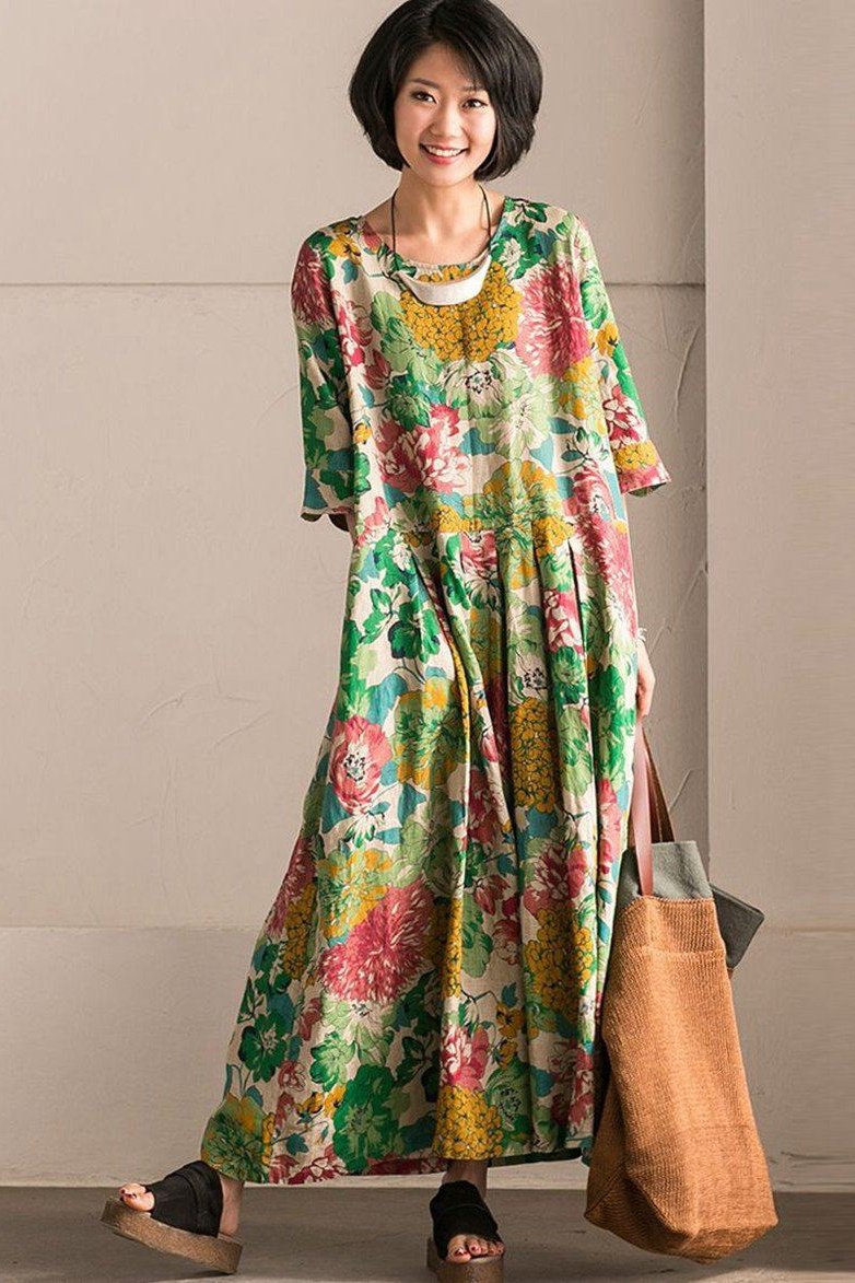 Retro Cotton Linen Flower Long Dress Summer Outfits
