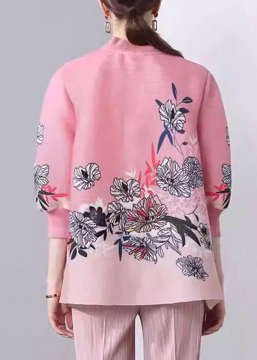 Pink Stand Collar Print Button Silk Coats Fall