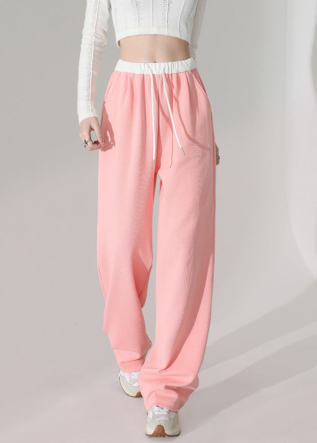Pink Pockets Elastic Waist Cotton Straight Pants Spring