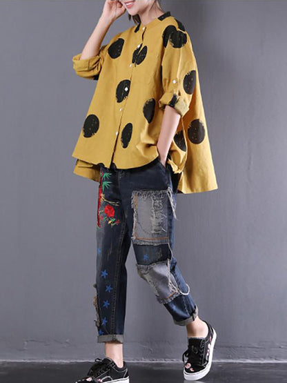 Loose Dots Long Sleeve Cotton Linen Shirt