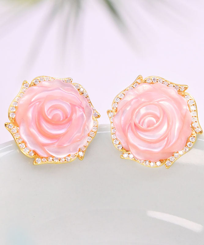 Fine Pink 14k Gold Zircon Rose Stud Earrings