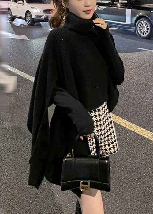 Black Turtleneck Asymmetrical Knit Cape Sweaters Spring