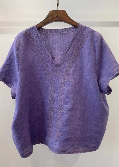 Unique Light Blue V Neck Embroidered Linen Shirt Tops Summer
