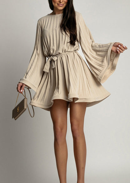 Original Design Rose O-neck Wrinkled Lace Up Chiffon Mid Dress Flare Sleeve