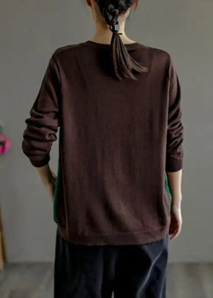 Chocolate Purple O-neck Patchwork Knit Sweater Top Long Sleeve
