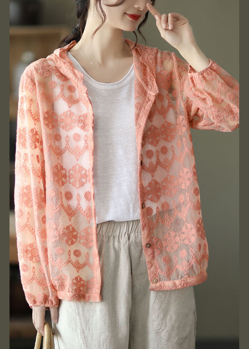 Loose Pink Embroidered Patchwork Lace Cardigans Long Sleeve