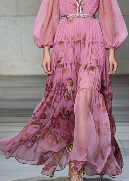 Pink V Neck Print Exra Large Hem Chiffon Party Dresses Fall